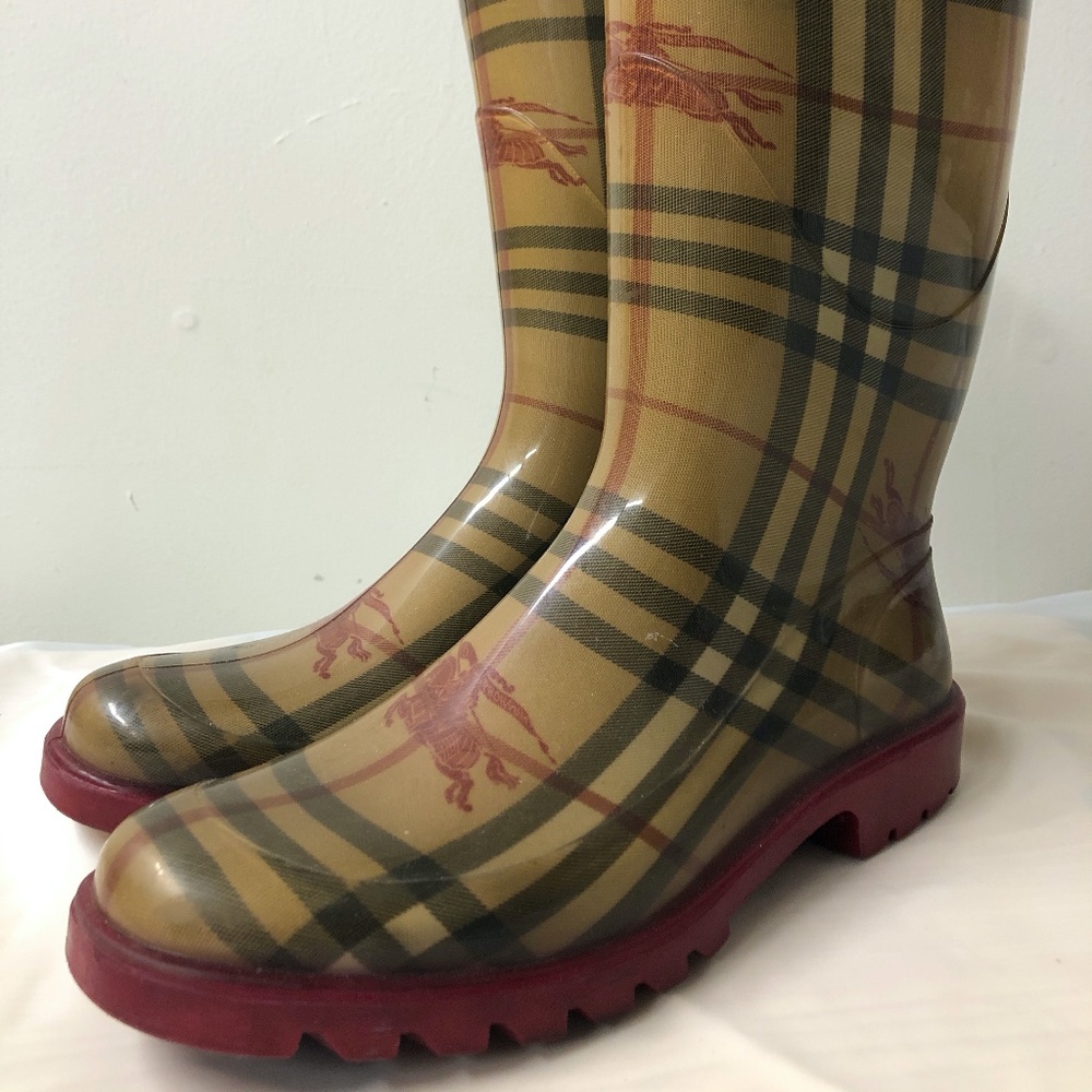 BURBERRY RAINBOOTS NOVA HORSFERRY RED BEIGE BLACK PLAID CHECK PRINT 37 (7 US)